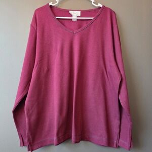 Oscar‎ de la Renta Womens Burgundy V Neck Long Sleeve Cotton Top XL Quiet Luxury
